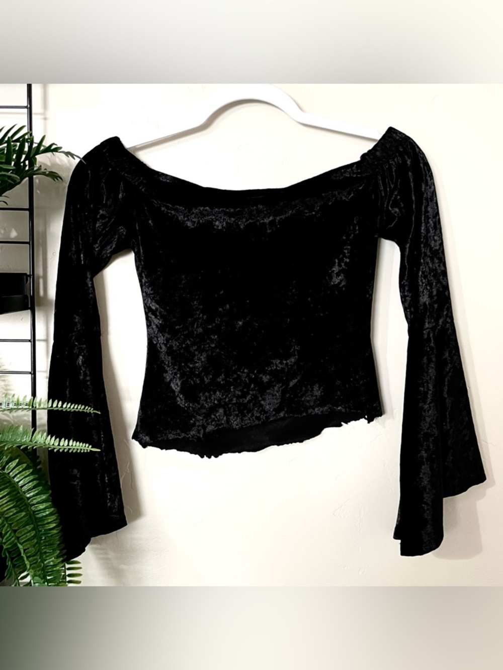 Black crushed velvet off the shoulder witchy top with bellsleeves